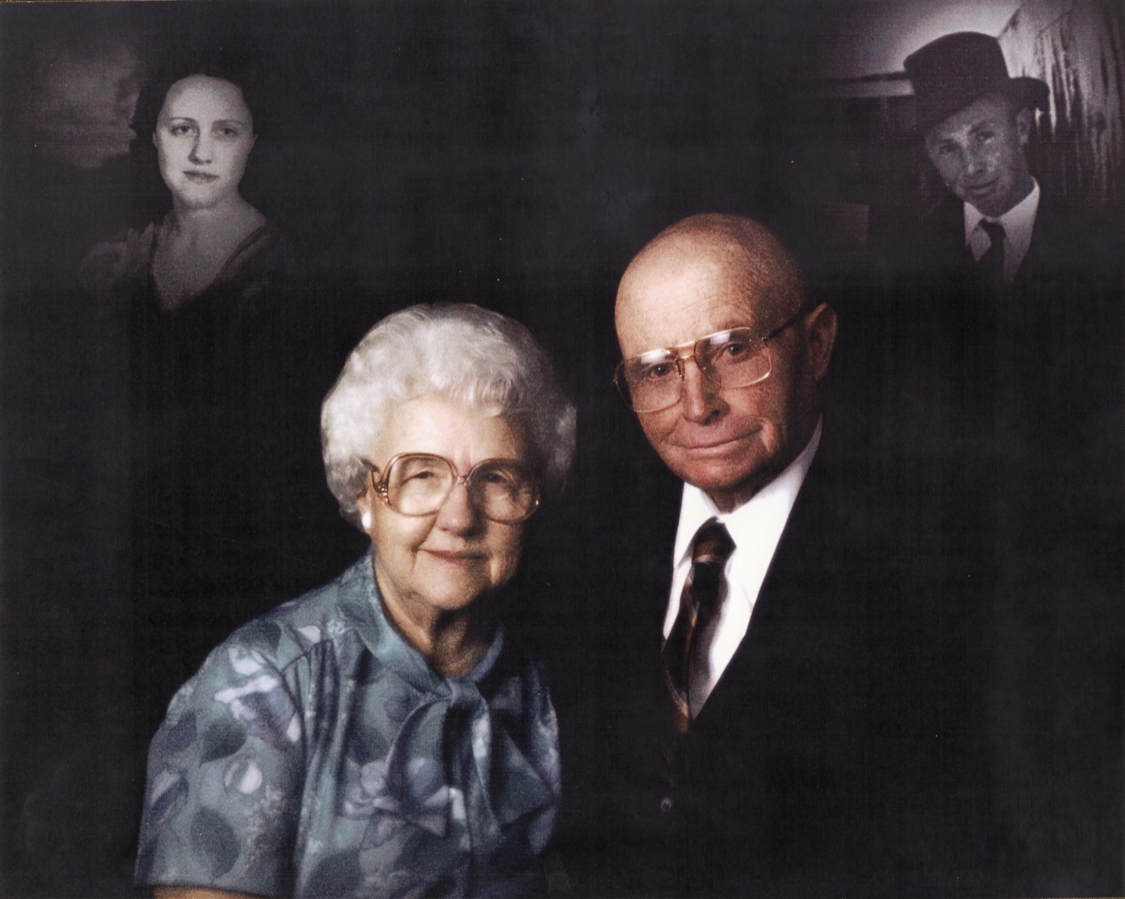 Wilburn Gerald Jenkins and Edith Lettie Cleveland seated together, with earlier portraits of each of them behind them