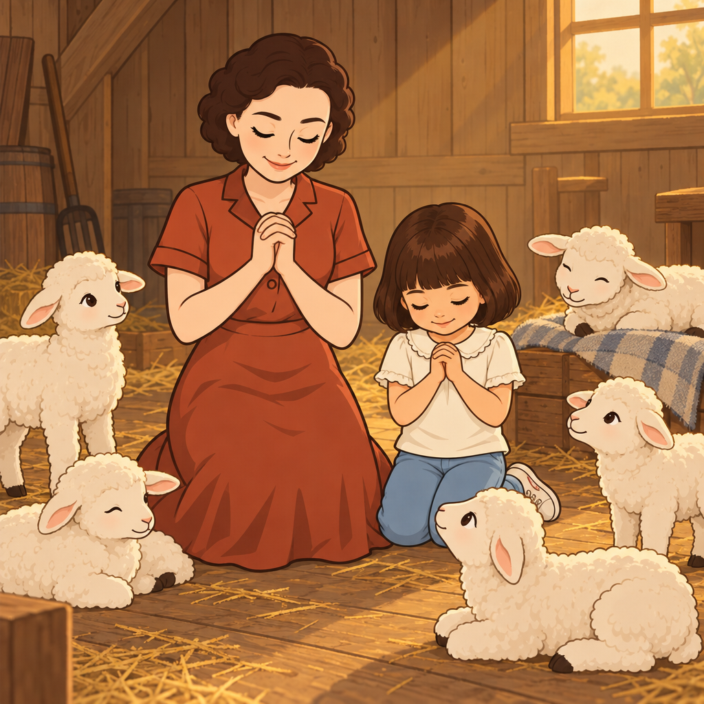 An illustration of a woman and a girl kneeling to pray among lambs